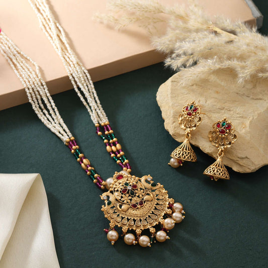 Charming Rani And Green Color Matte Gold Necklace Set With Meenakari Art