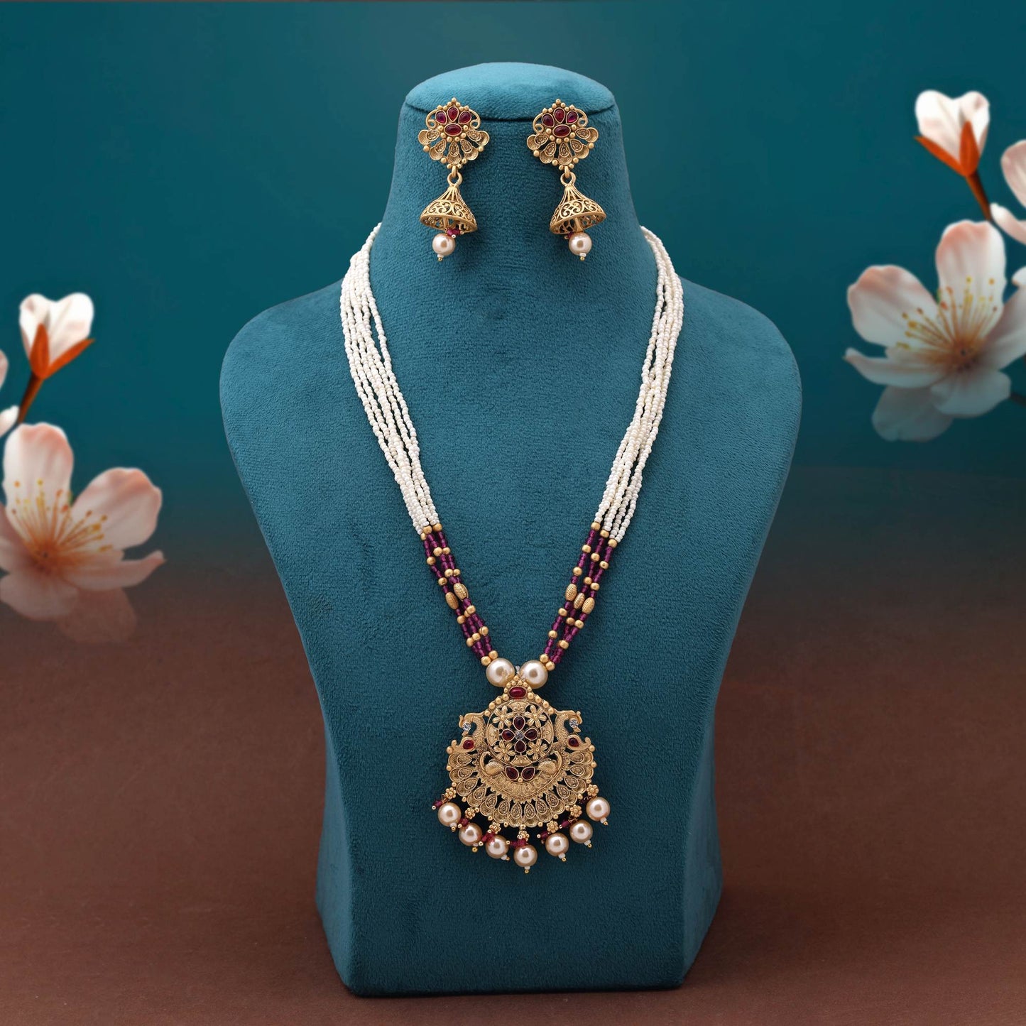 Alluring Rani Color Matte Gold Necklace Set Crafted For Modern Traditional Fusion
