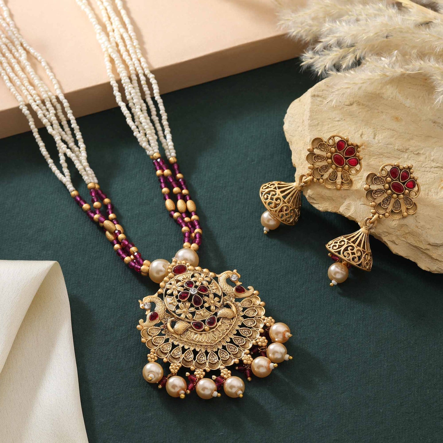 Alluring Rani Color Matte Gold Necklace Set Crafted For Modern Traditional Fusion