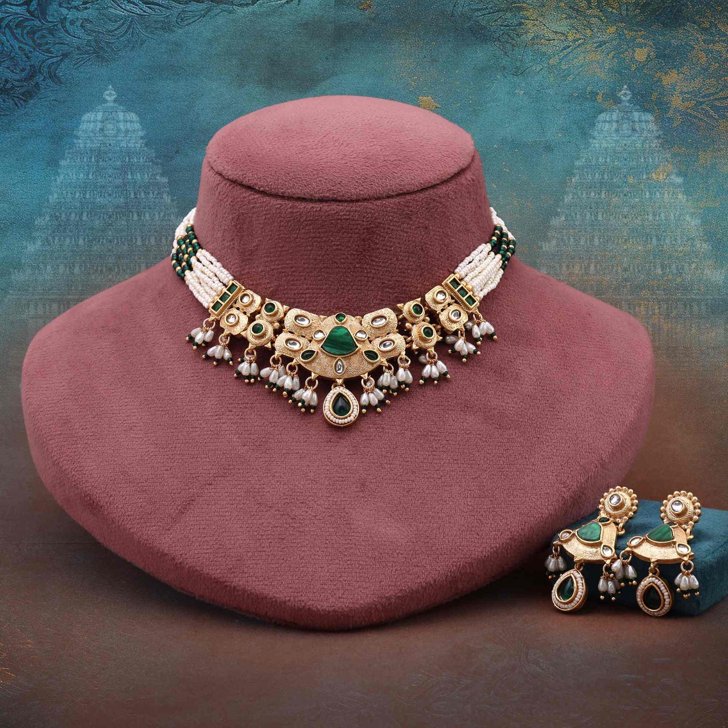 Graceful Green Color Matte Gold Necklace Set Perfect For Festive Celebrations