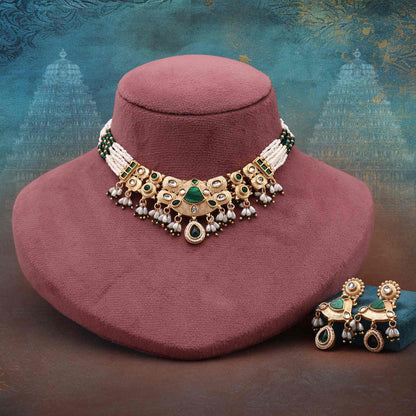 Graceful Green Color Matte Gold Necklace Set Perfect For Festive Celebrations