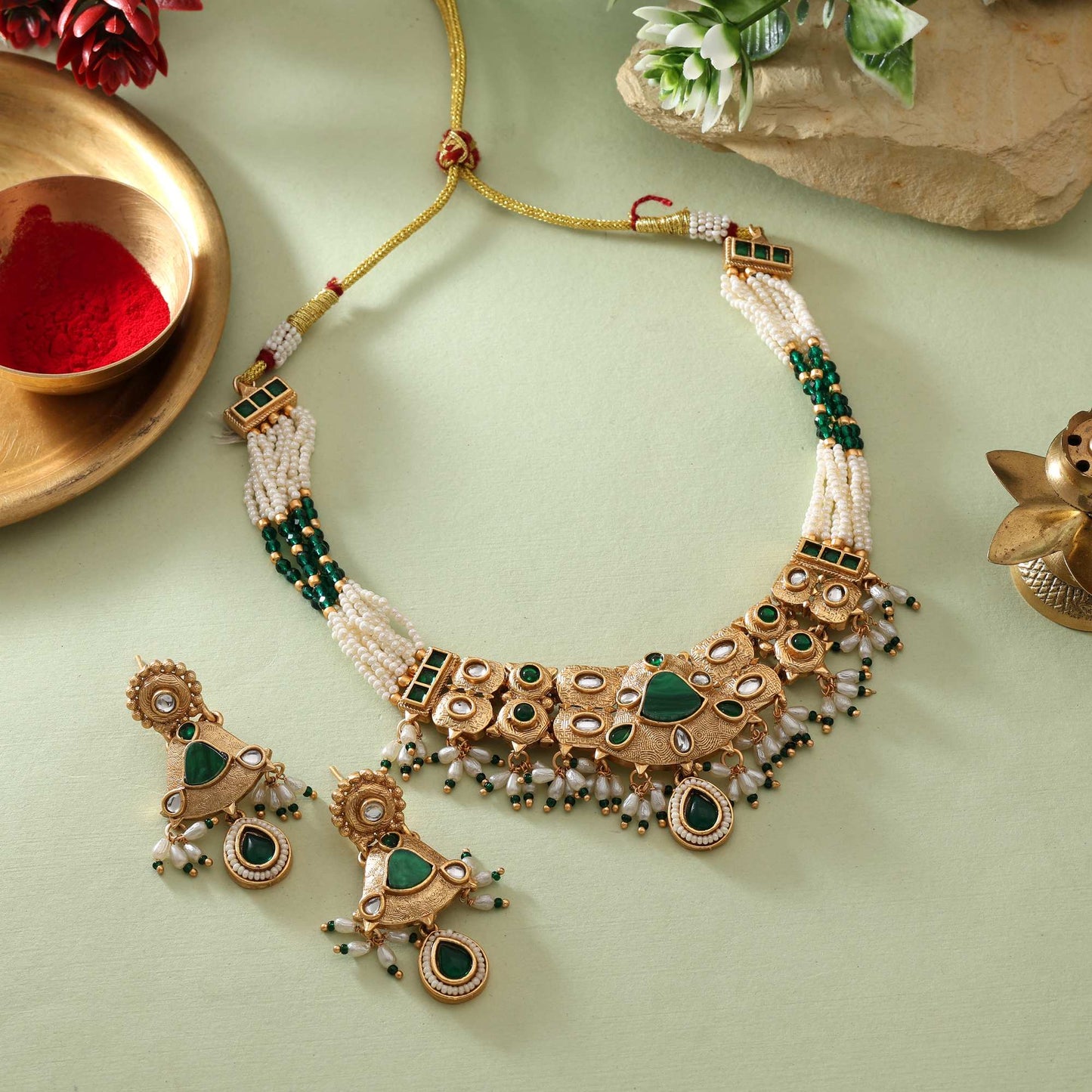 Graceful Green Color Matte Gold Necklace Set Perfect For Festive Celebrations