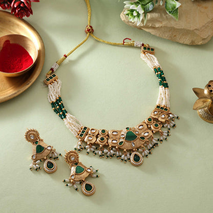 Graceful Green Color Matte Gold Necklace Set Perfect For Festive Celebrations