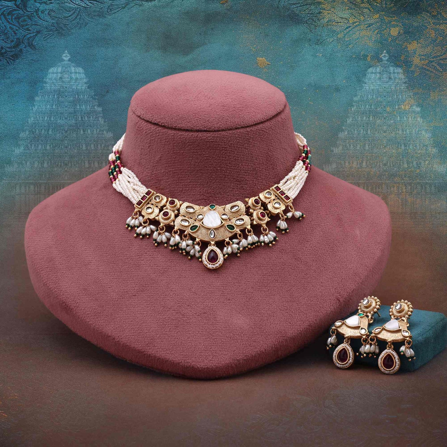 Multi Color Matte Gold Necklace Set Featuring Artistic Meena And Stone Work