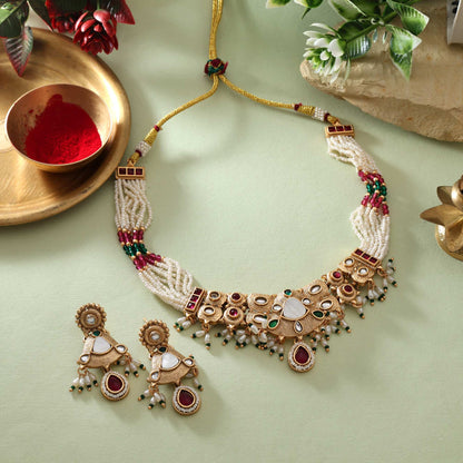 Multi Color Matte Gold Necklace Set Featuring Artistic Meena And Stone Work