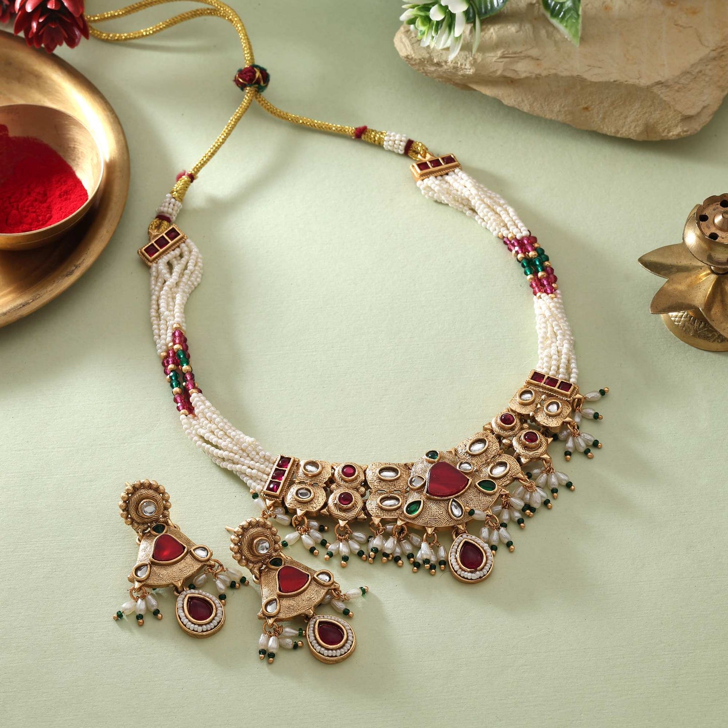 Bright Red Color Matte Gold Necklace Set With Antique Style And Fine Craftsmanship