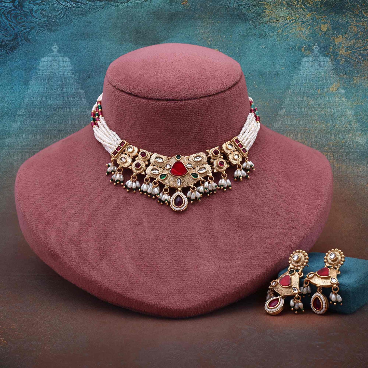 Bright Red Color Matte Gold Necklace Set With Antique Style And Fine Craftsmanship