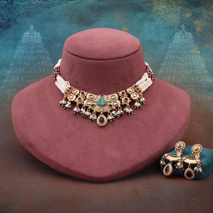 Unique Rani And Green Color Matte Gold Necklace Set With Temple Inspired Design