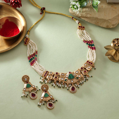 Unique Rani And Green Color Matte Gold Necklace Set With Temple Inspired Design