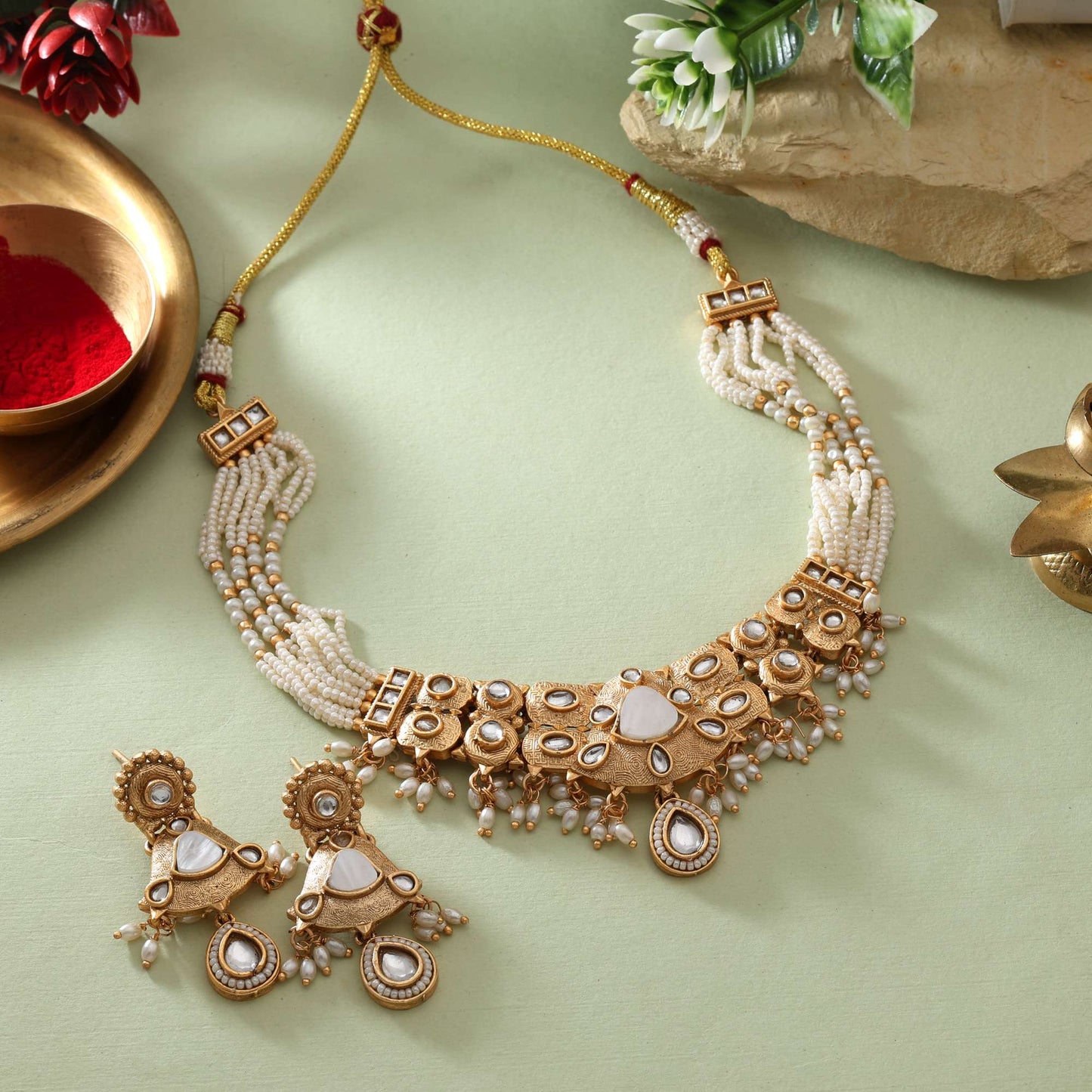 Elegant White Color Premium Crafted Matte Gold Necklace Set For Classic Look