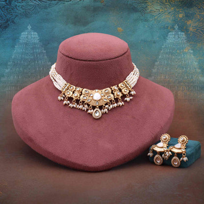 Elegant White Color Premium Crafted Matte Gold Necklace Set For Classic Look