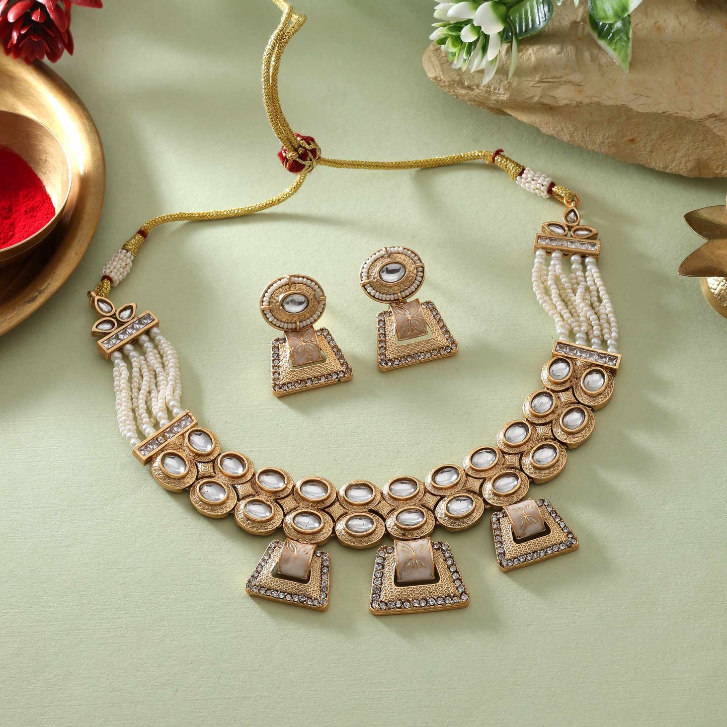 Pure Gold Color Matte Gold Necklace Set Ideal For Bridal And Festive Occasions