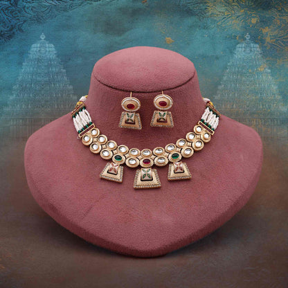 Dual Tone Rani And Green Color Matte Gold Necklace Set For Wedding Attire