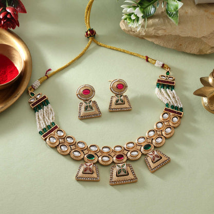 Dual Tone Rani And Green Color Matte Gold Necklace Set For Wedding Attire