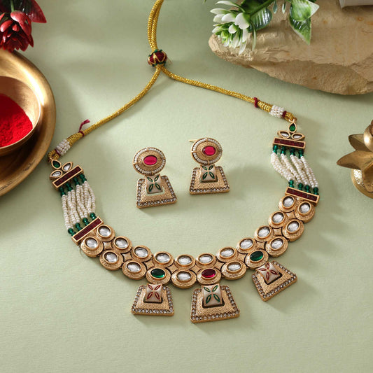 Dual Tone Rani And Green Color Matte Gold Necklace Set For Wedding Attire