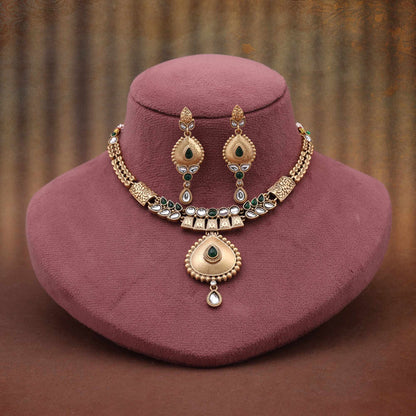 Classic Green Color Matte Gold Necklace Set For Elegant Traditional Outfits
