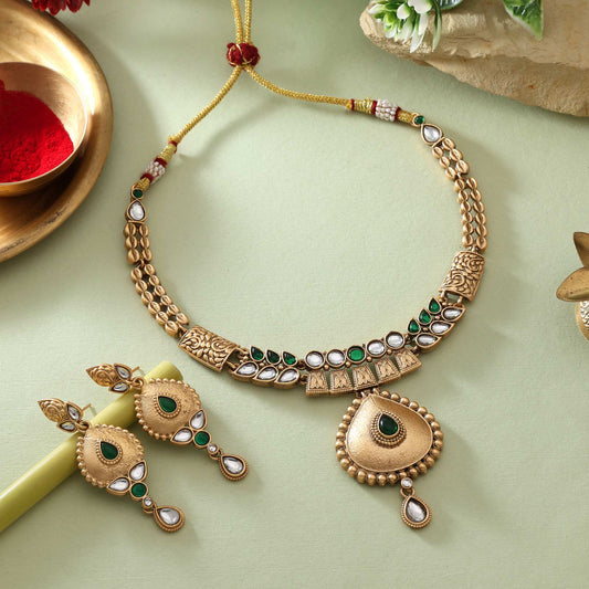 Classic Green Color Matte Gold Necklace Set For Elegant Traditional Outfits