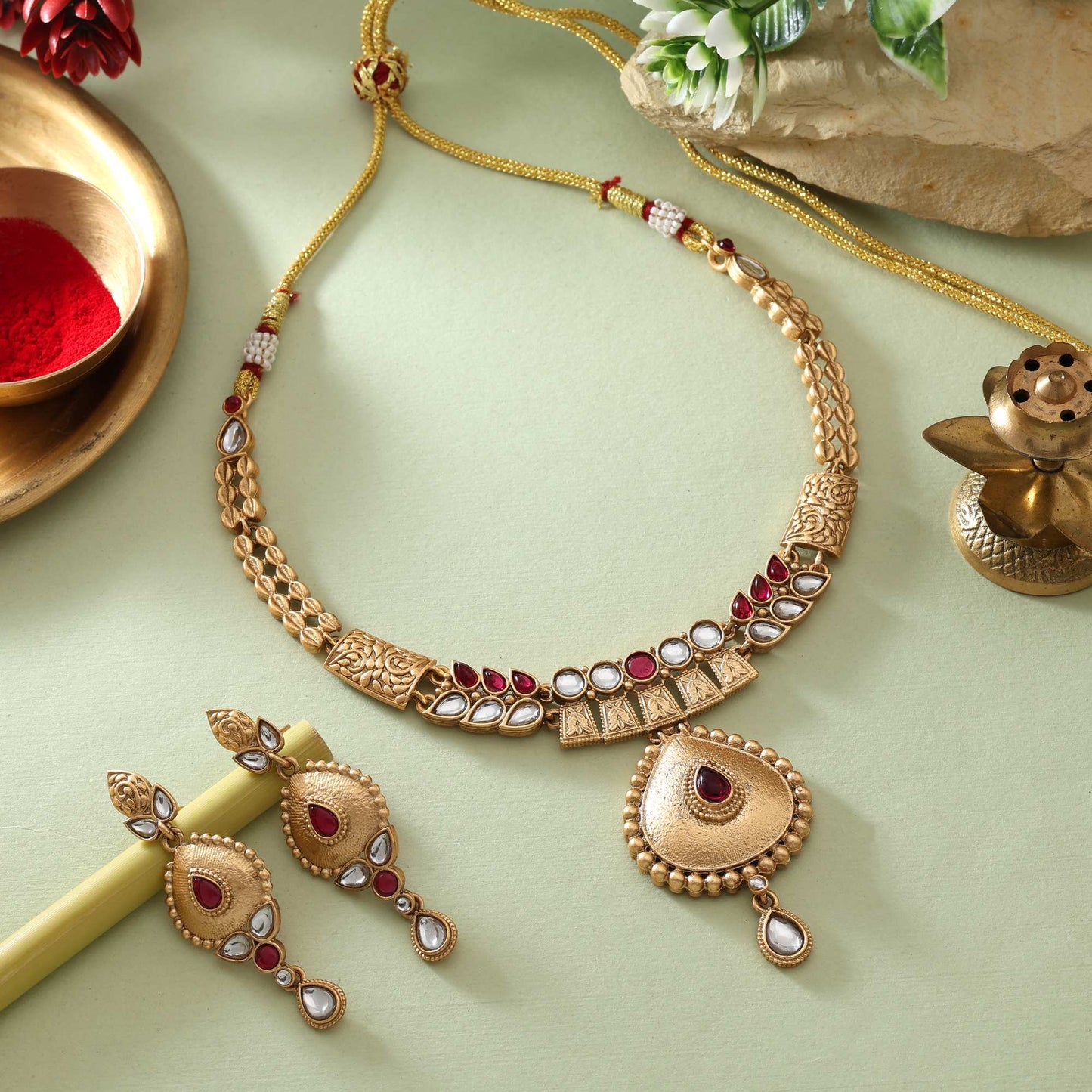 Trendy Rani Color Matte Gold Necklace Set Featuring Handcrafted Kundan Stones