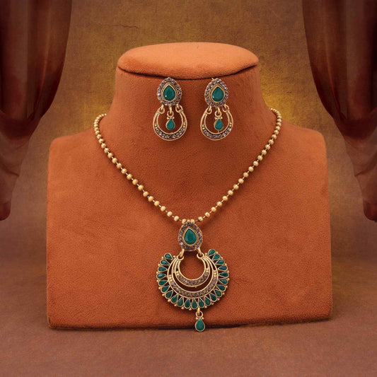 Shimmering Green Color Matte Gold Necklace Set Highlighting Exquisite Meena Work