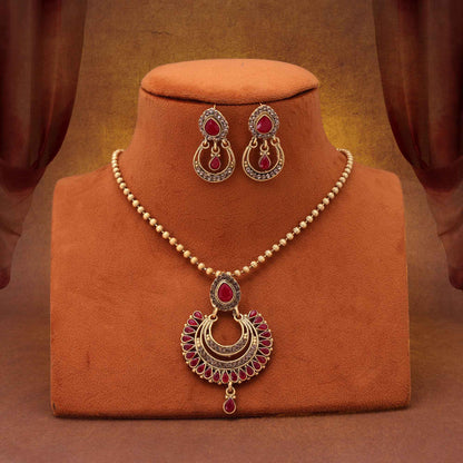 Traditional Rani Color Matte Gold Necklace Set Designed For Elegant Festivities