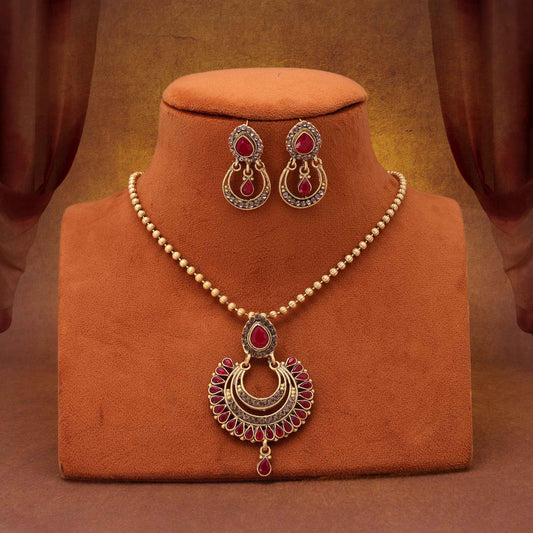 Traditional Rani Color Matte Gold Necklace Set Designed For Elegant Festivities