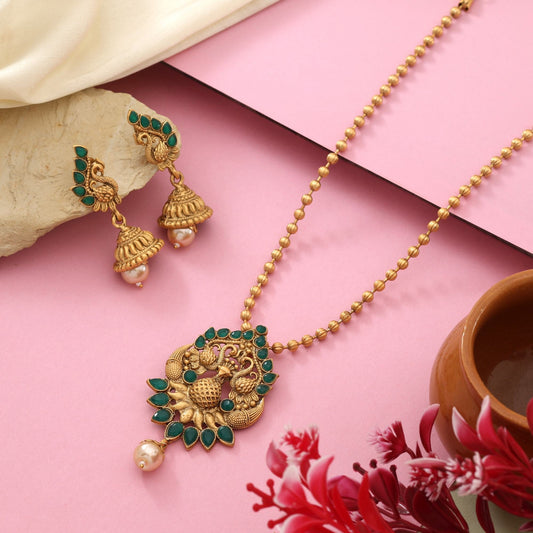 Gorgeous Green Color Matte Gold Necklace Set Embellished With Meena Art Detailing