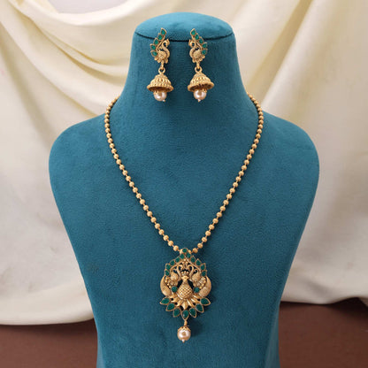 Gorgeous Green Color Matte Gold Necklace Set Embellished With Meena Art Detailing