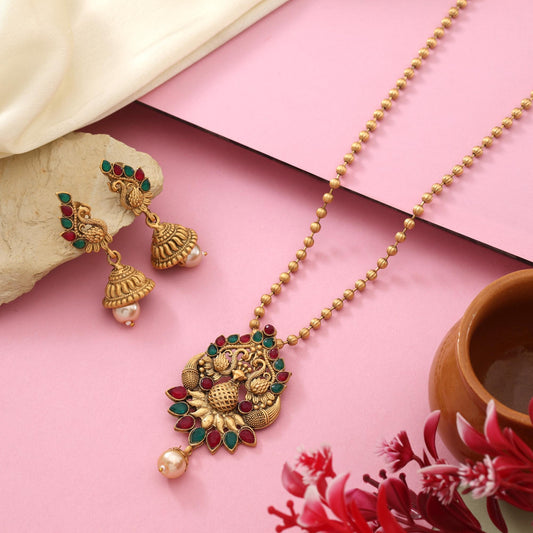 Exclusive Rani And Green Color Matte Gold Necklace Set With Antique Accents