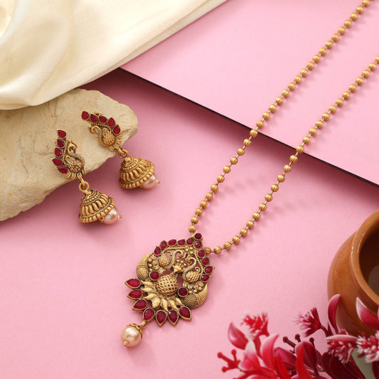 Beautiful Rani Color Matte Gold Necklace Set With Precious Stone Ornamentation