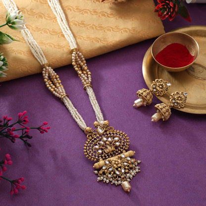 Grand Gold Color Matte Gold Necklace Set With Artistic Temple Inspired Craftsmanship