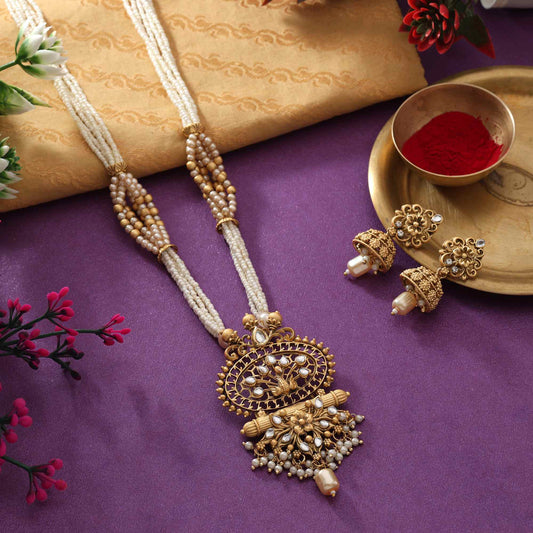 Grand Gold Color Matte Gold Necklace Set With Artistic Temple Inspired Craftsmanship