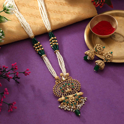 Contemporary Green Color Matte Gold Necklace Set Designed With Artistic Stones