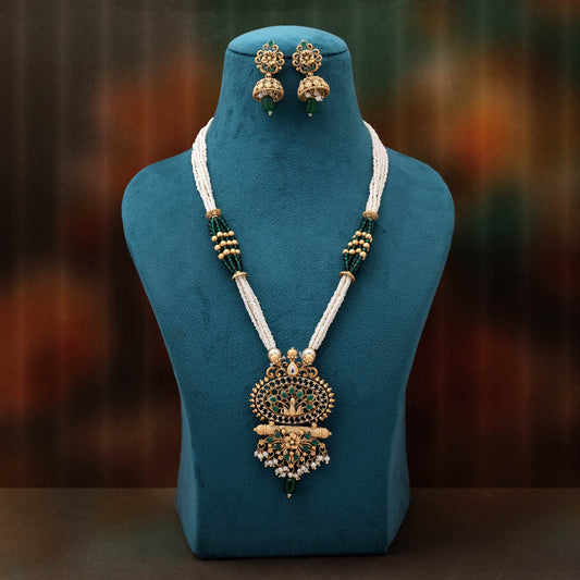 Contemporary Green Color Matte Gold Necklace Set Designed With Artistic Stones