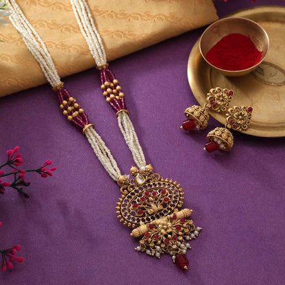 Classic Rani Color Matte Gold Necklace Set Reflecting Elegant Traditional Charm