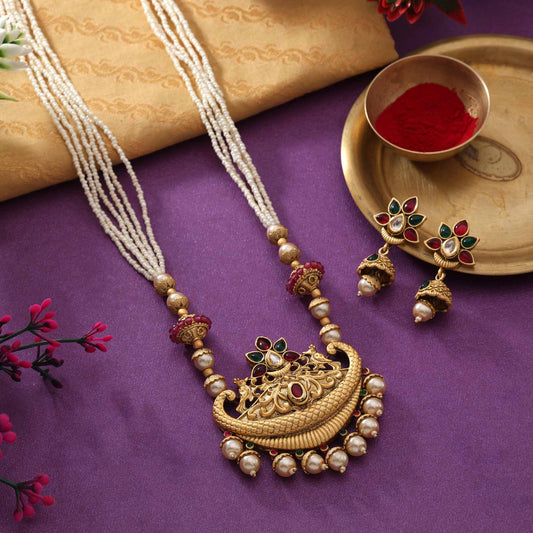 Stunning Rani And Green Color Matte Gold Necklace Set For Grand Cultural Events