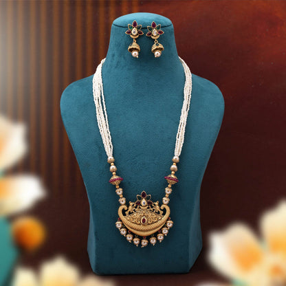 Stunning Rani And Green Color Matte Gold Necklace Set For Grand Cultural Events