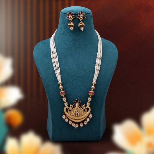 Exquisite Rani Color Matte Gold Necklace Set Crafted With Traditional Meena Detailing