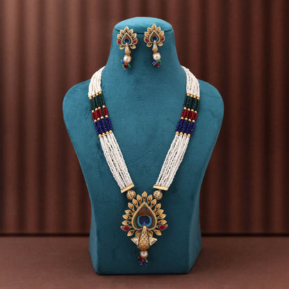 Elegant Multi Color Peacock Feather Inspired Designer Matte Gold Necklace Set For Weddings