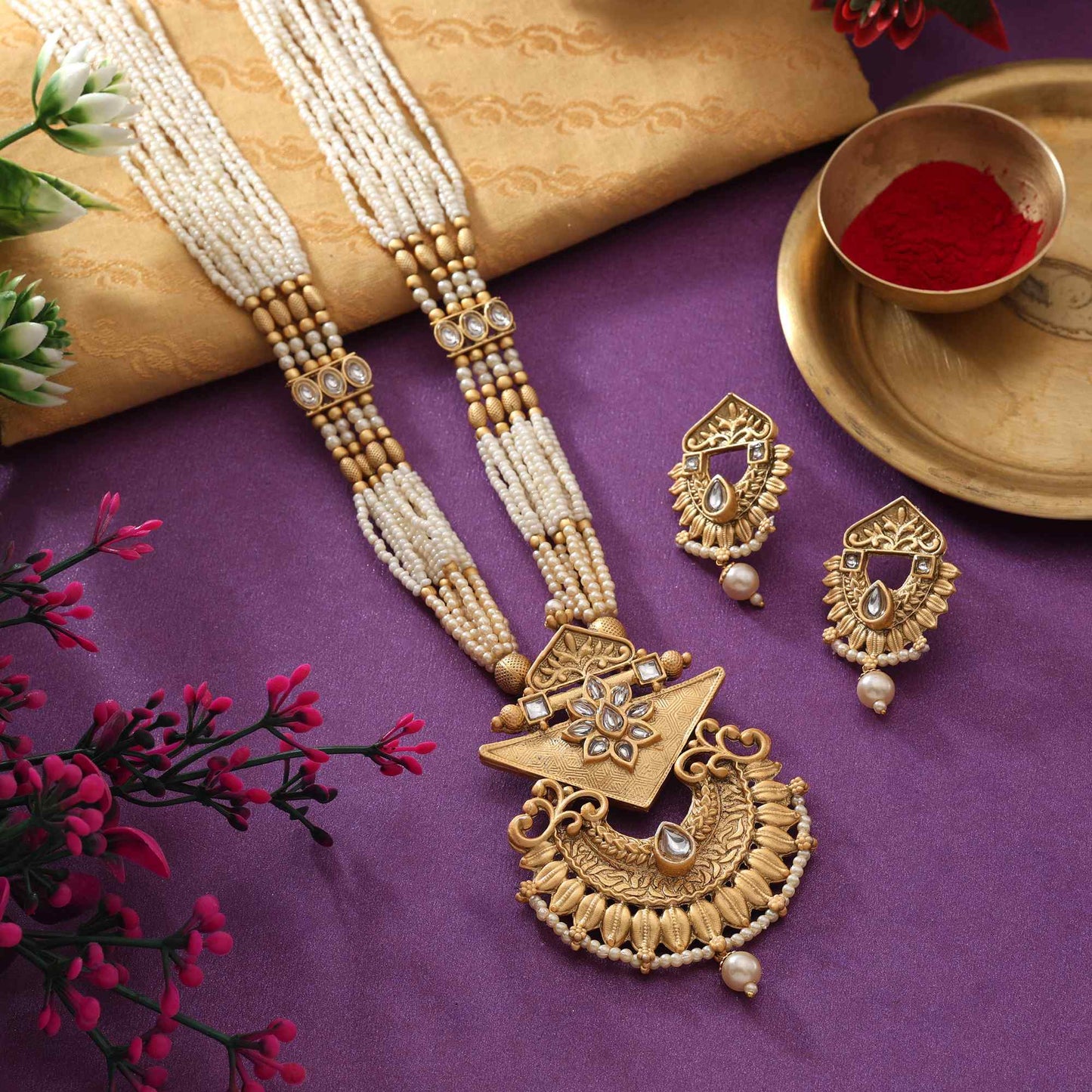 Traditional Gold Color Matte Gold Necklace Set With Intricate Antique Carved Design For Women