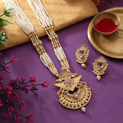 Traditional Gold Color Matte Gold Necklace Set With Intricate Antique Carved Design For Women