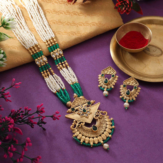 Vibrant Green Color Matte Gold Necklace Set Featuring Detailed Floral Meenakari Art Work