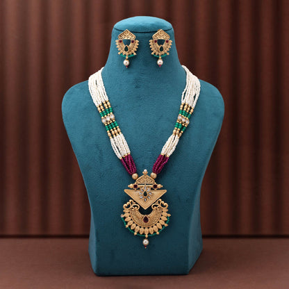 Royal Rani And Green Color Dual Tone Matte Gold Necklace Set For Grand Festive Occasions