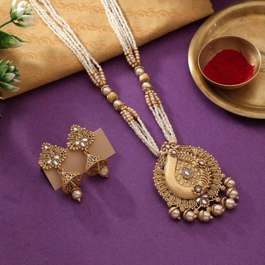 Classic Gold Color Matte Gold Necklace Set Designed With Traditional Ethnic Inspired Elements