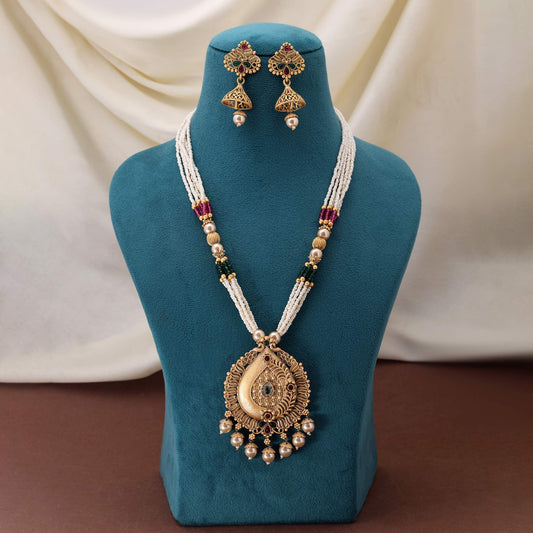 Graceful Rani And Green Color Matte Gold Necklace Set Crafted With Antique Meenakari Details