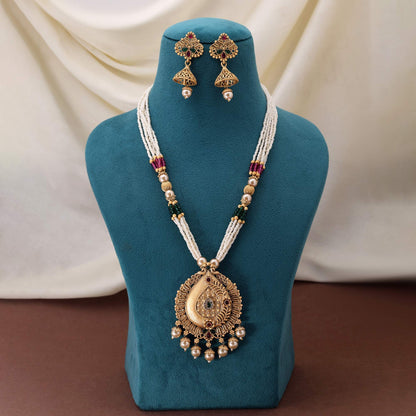 Graceful Rani And Green Color Matte Gold Necklace Set Crafted With Antique Meenakari Details