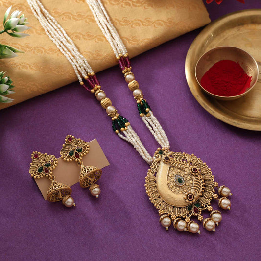 Graceful Rani And Green Color Matte Gold Necklace Set Crafted With Antique Meenakari Details