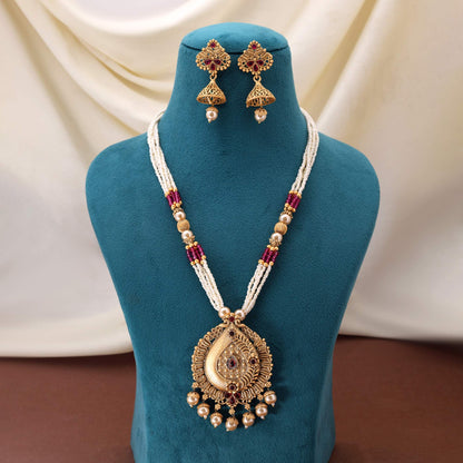 Stunning Rani Color Matte Gold Necklace Set Perfect For Bridal And Festive Attire
