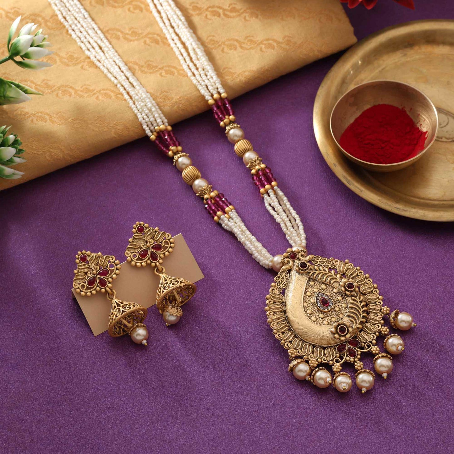 Stunning Rani Color Matte Gold Necklace Set Perfect For Bridal And Festive Attire