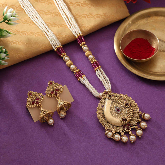 Stunning Rani Color Matte Gold Necklace Set Perfect For Bridal And Festive Attire
