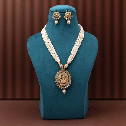 Traditional Green Color Matte Gold Necklace Set With Temple Style Pendant And Earrings